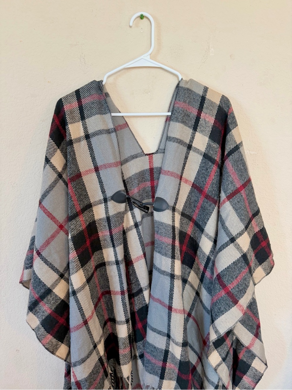 Plaid Poncho Coat in Beige, Black & Red